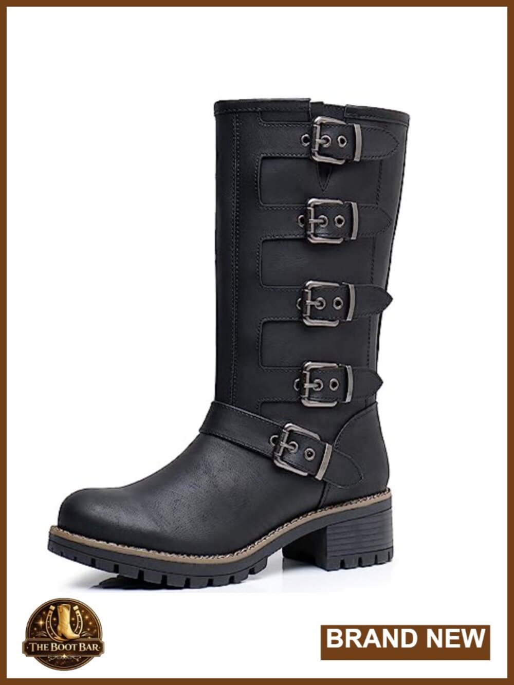Faux Leather Mid-Calf Motorcycle Combat Boots Low Heel Side Zip Womens